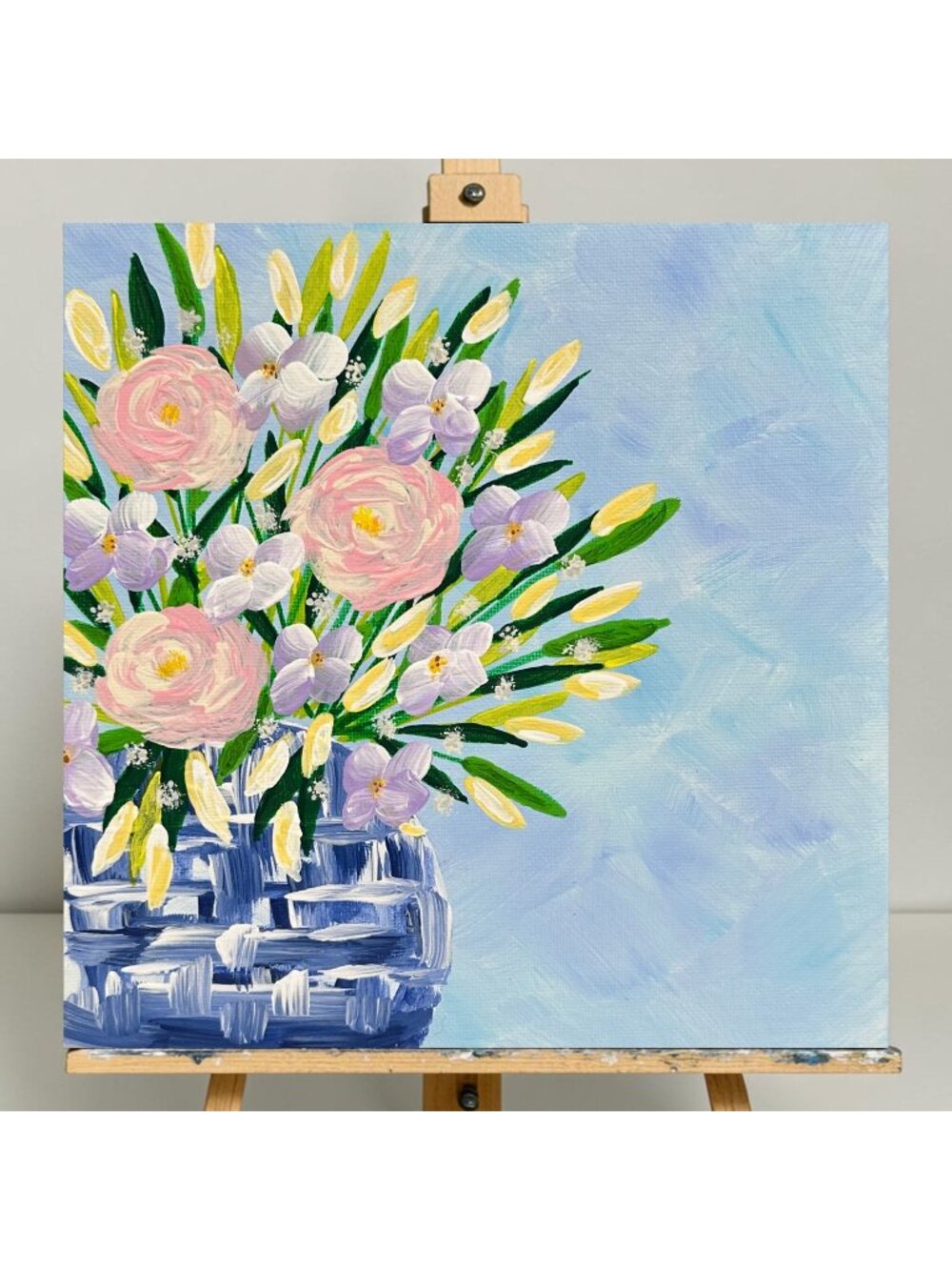 Bouquet In Blue & White Vase Acrylic Painting Floral Wall Art 8"x8" Unframed